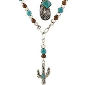 Boho Retro Style Multi Layer Necklace Green Crystal Sun & Floral Pendant Cactus